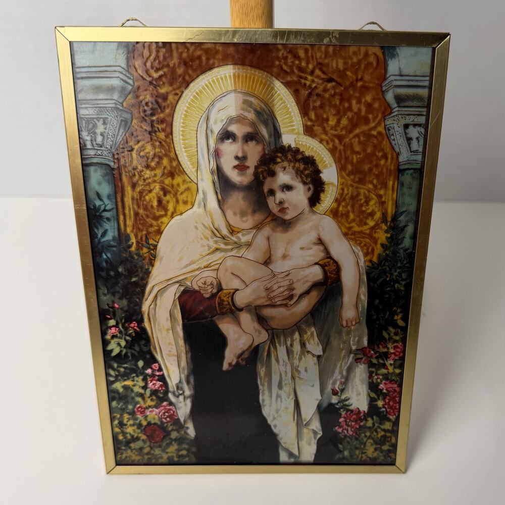 VTG Madonna and the Roses Glass Suncatcher Religious Wall Art 7.5" Mary Jesus